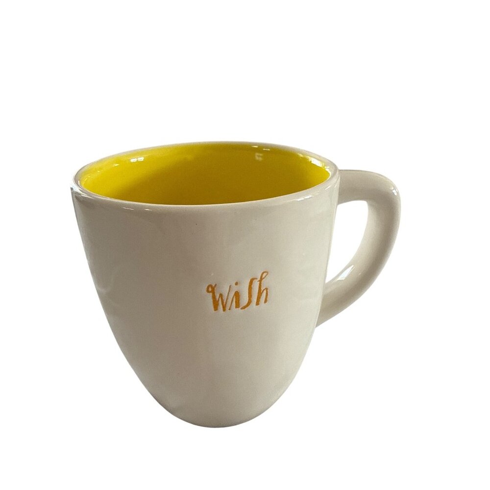 Rae Dunn Wish Coffee Cup Mug Yellow Inside Script Writing 16 oz New